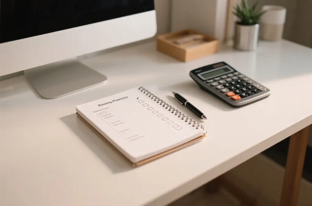 An organized desk with a notebook showing a budget planning checklist, a calculator, and a pen, soft natural lighting, professional and calm atmosphere